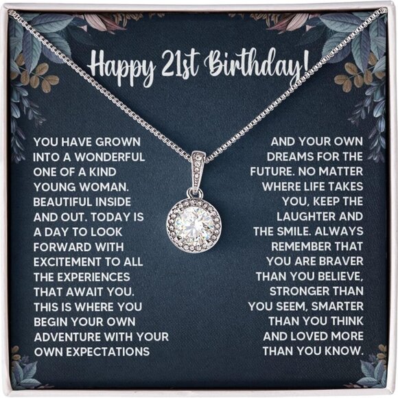 21st Birthday Gifts For Her, 21 Year Old Female Birthday Card Necklace Gift Idea - Picture 1 of 7